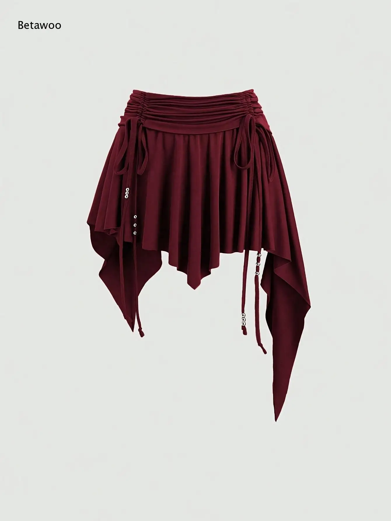 Women Gothic Asymmetric Mini Skirt High Waist Drawstring Tie with Metal Bead Decor Irregular Hem Pleated Short Skirt