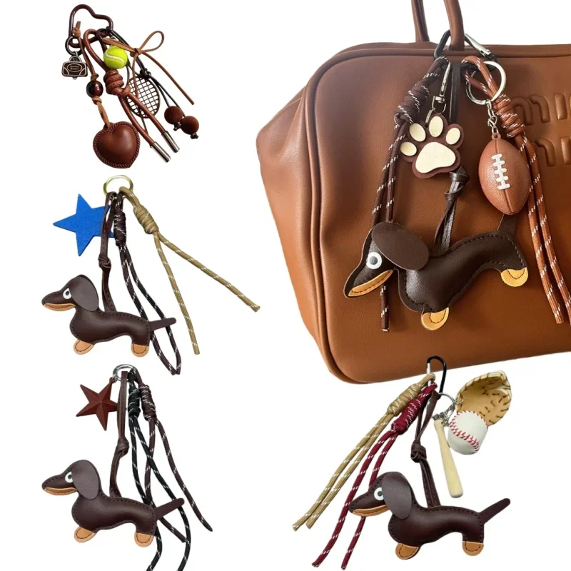 

Cute Dachshund Leather Bag Charm Keychain Football Tennis Baseball Pendant Fashion Purse Accessories for Women Men