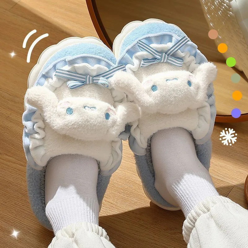 Plush Slipper My Melody Kuromi Cinnamoroll Pom Pom Purin Cute Cartoon Cotton-Padded Shoes Winter Warm Comfortable Slippers Gift