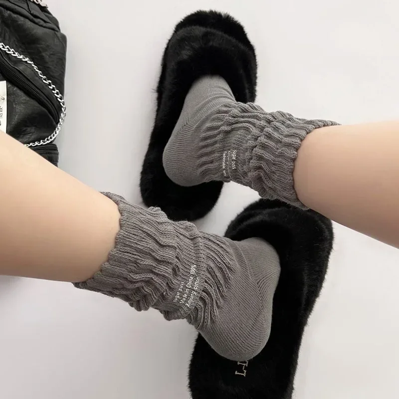 Simple Letter Vintage Cool Soft Sock Thick Thread Knitted Trendy Sports Leisure Versatile Pile Up Middle Tube Socks Solid Color