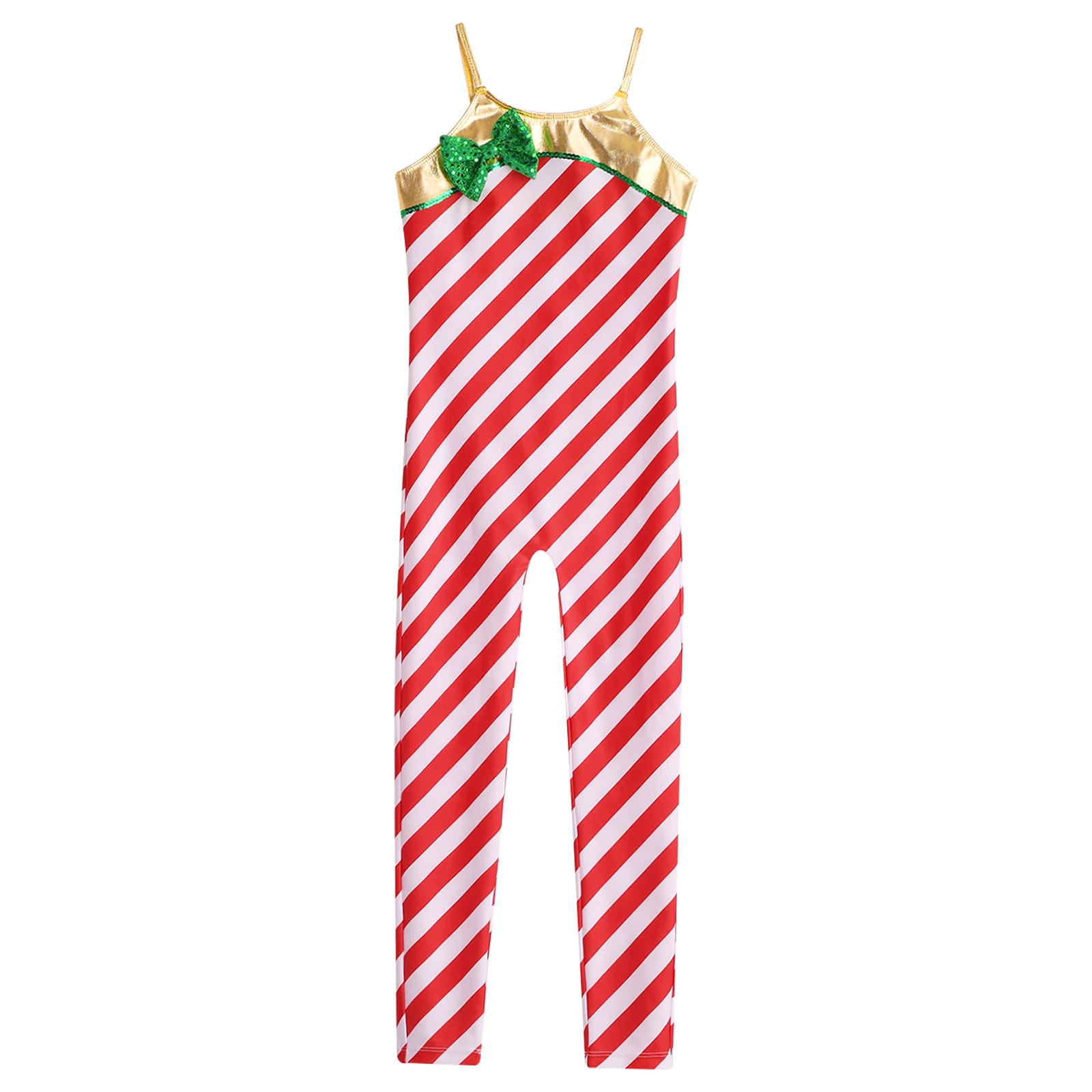 Kids Girls Christmas Dance Costume Candy Cane Jumpsuit Sleeveless Striped Ballet Gymnastics Leotard Stage Performance Bodysuit