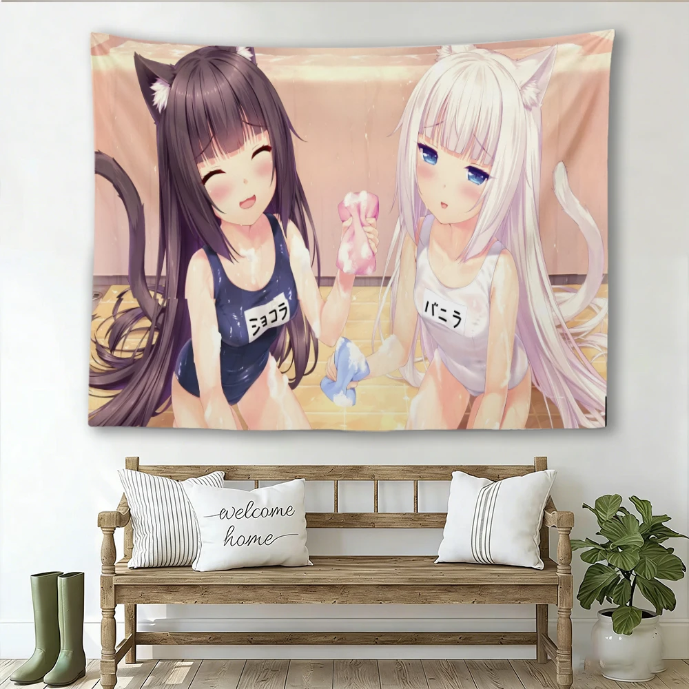 Nekopara Anime Tapestry, Chocola Vanilla Cat Girl Wall Hanging, Kawaii Neko Character Wall Tapestry for Bedroom Dorm Otaku Room
