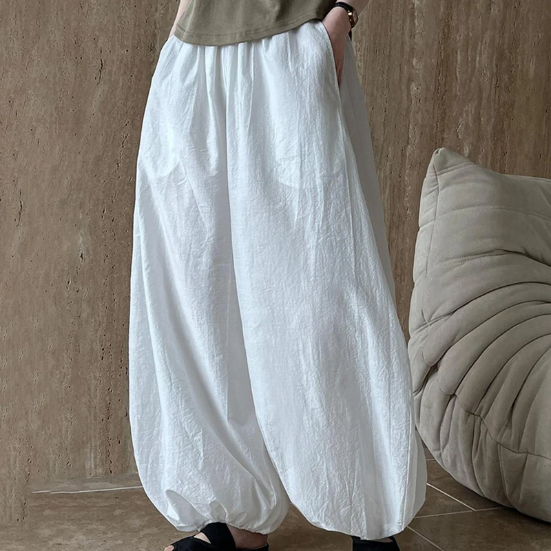 Black White Plus Size Bloomers Summer Casual Fashion Women's Lantern Pants Loose Breathable Cotton Wide Leg Pants Elastic Waist