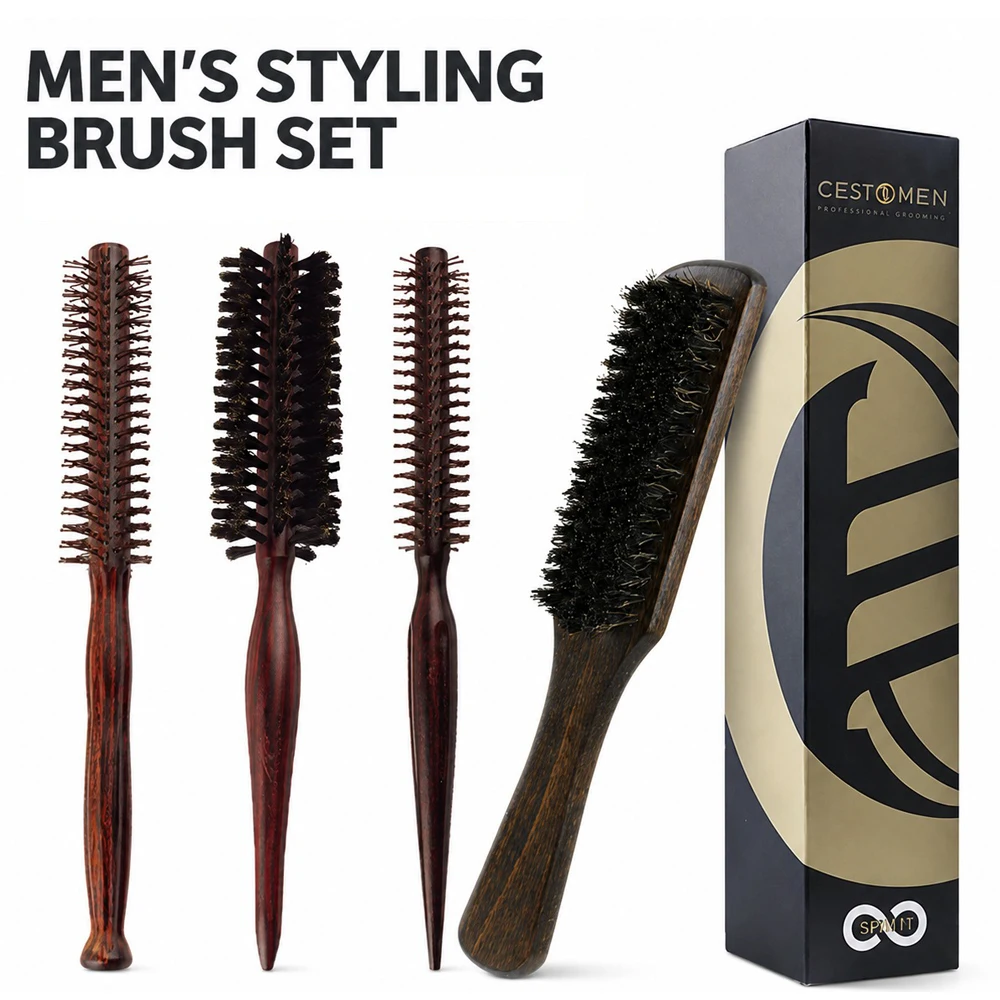 2-teiliges Set, professionelle Haarbürste aus Holz, Wildschweinborsten-Bartbürste, runde Bürste für lockiges Haar, Volumenbürste, antistatisches Haar-Styling-Werkzeug – Detail 10