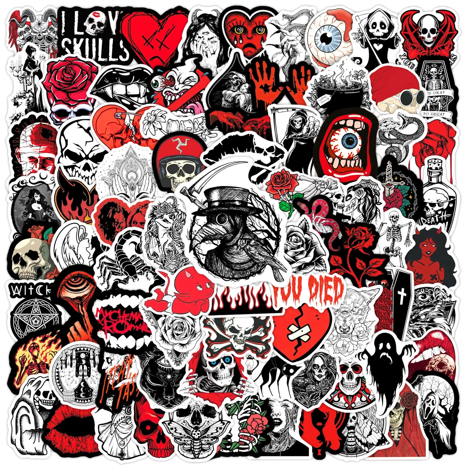 

10/50/100pcs Cool Dark Red Gothic Skull Stickers Punk Skateboard Car Bike Laptop Guitar Travel Luggage DIY Goth Decals Sticker