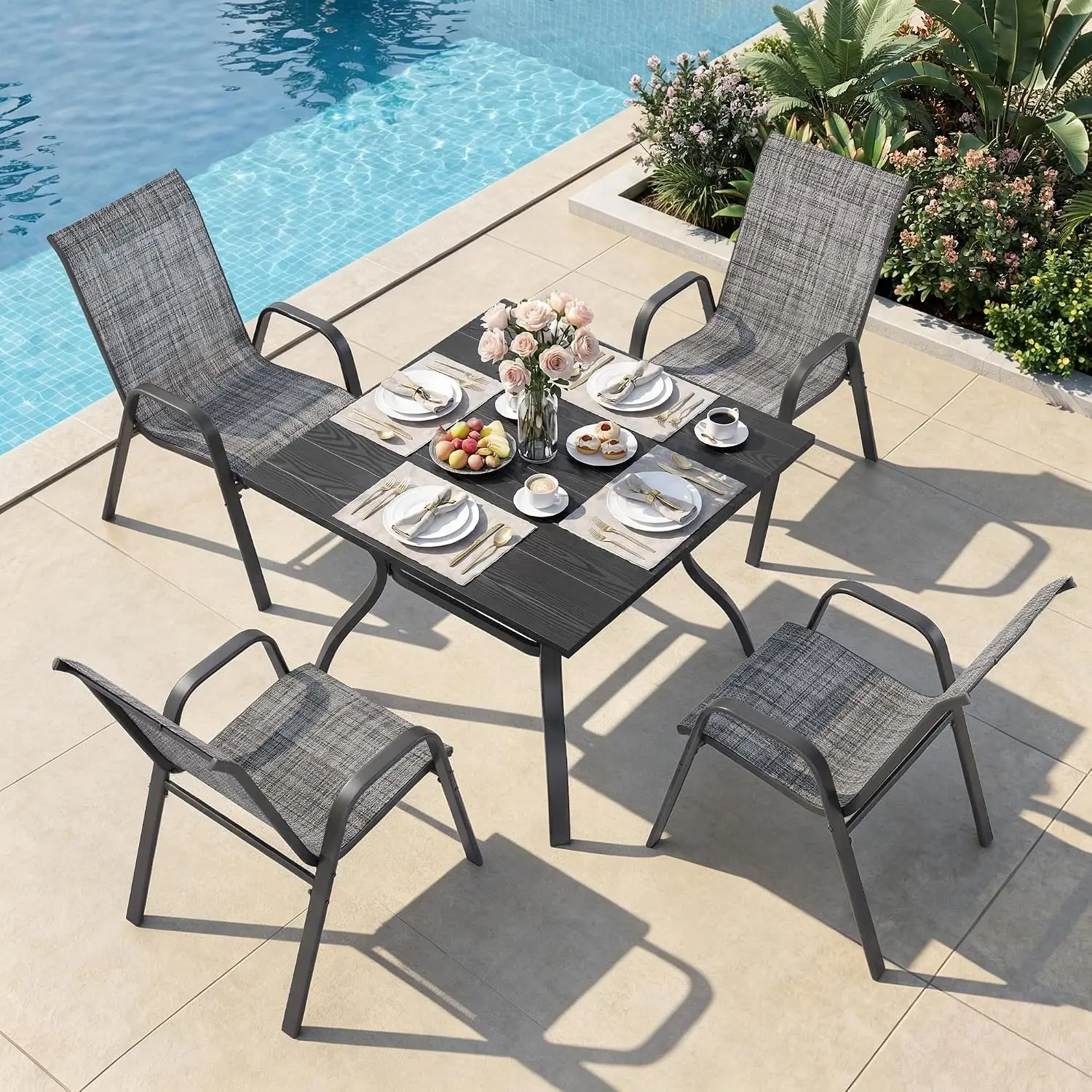 Outdoor Patio Dining Set for 4, 5 Pieces Patio Table and Chairs Set with Umbrella Hole, 37.8