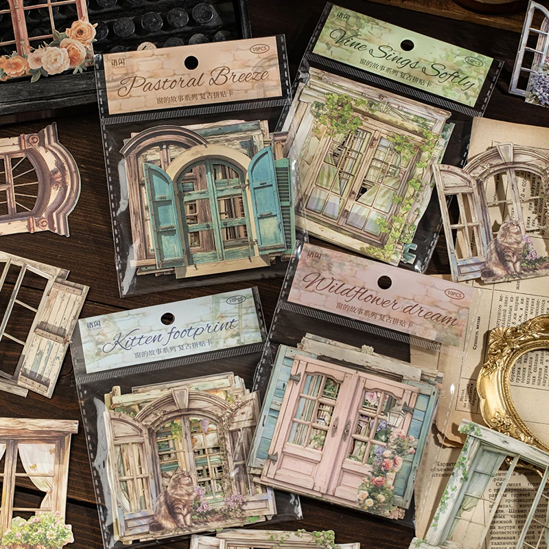 10 Pcs Hollow Doors Windows Stickers Junk Journal Planner Scrapbooking Vintage Decorative DIY Craft Material Stationery supplies