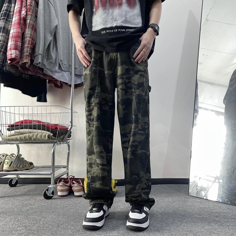 

Мужские свободные джинсы с камуфляжным принтом, винтажные прямые повседневные брюки-карго из денима, модель F178, весна-лето 2024