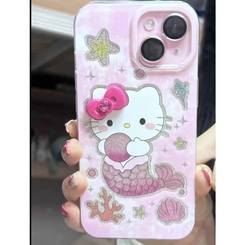 Y2k Hello Kitty Mermaid Flash Phone Case for 11 12 13 14 15 16 Pro Max Fashion Anime Kawaii Anti-fall XS Shiny Protective Cover