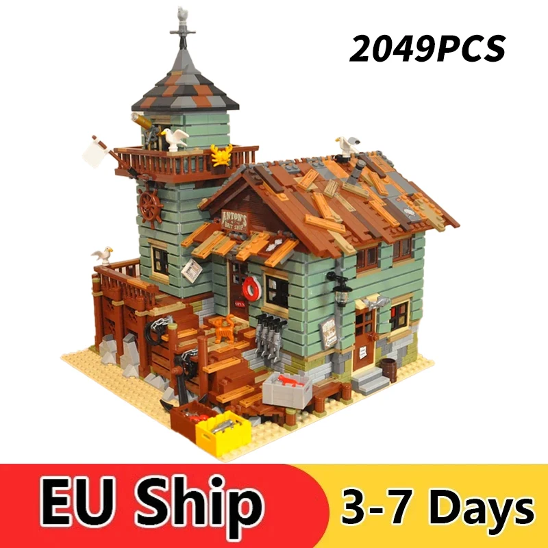 2049pcs Fisherman Old Fishing House Store Model Building Street View City Blocks Bricks Kids Birthday Toys Gift 21310
