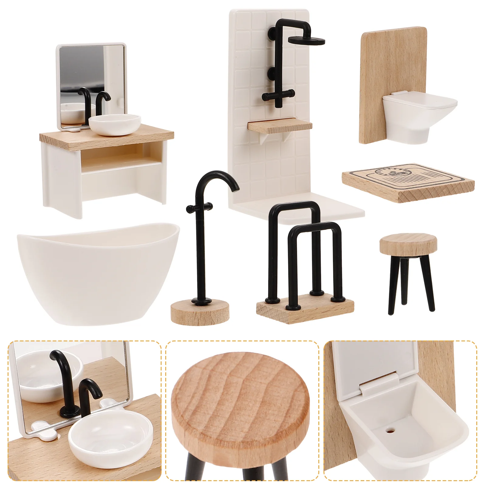 Dollhouse Bathroom Set 8Pcs 1/12 Scale Miniature Toilet Basin Model Mirror House Furniture Toys Cake Topper Dollhouse