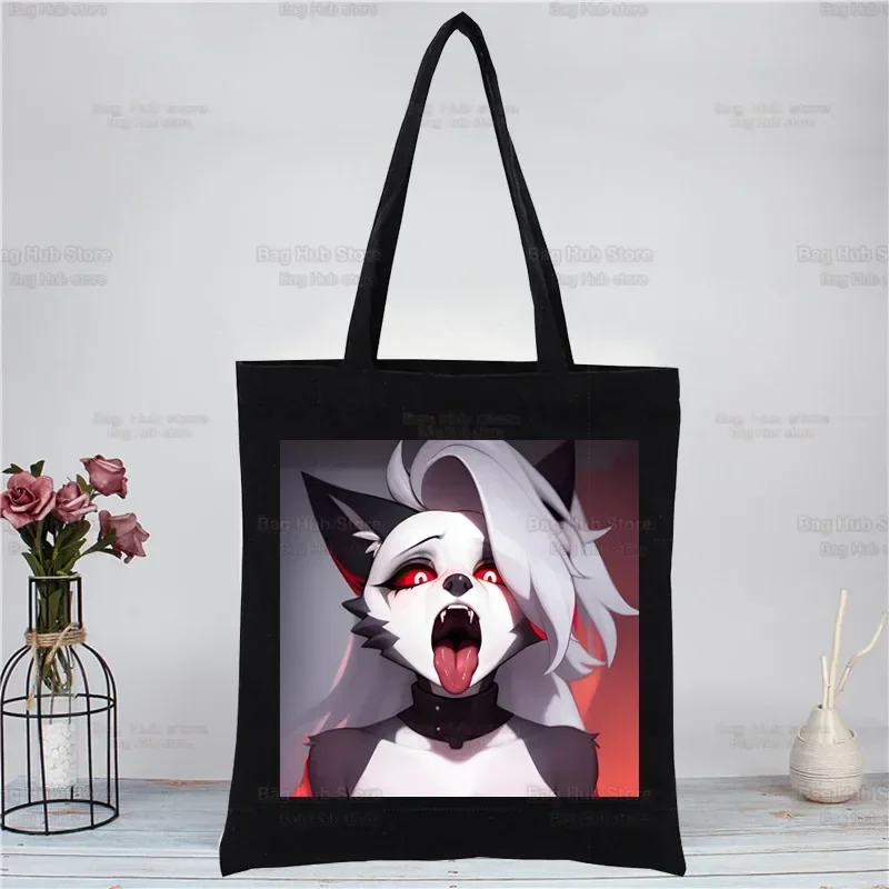 Cartoons Helluva Boss Canvas Tote Bag Mom Reusable Cloth Bag Handbag Shoulder Bags Harajuku Fashion Shopping Black Bags