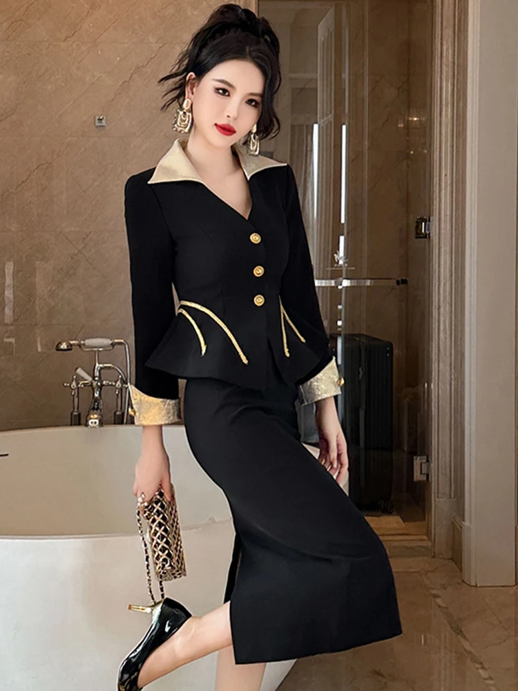 Fashion Elegant 2 Pieces Sets Women Black Gold Contrast Suit Jacket OL Coat Split Midi Skirt Office Lady Business Outfits Spring