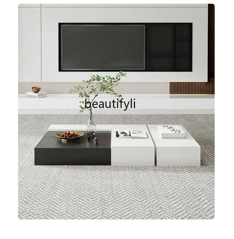 Light luxury Italian rock slab coffee table floor TV cabinet combination small apartment simple square side table