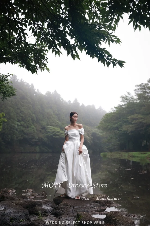 Mojy Elegant Off Shoulder Satin Korea Wedding Dresses A Line Floor Length Bridal Gowns Corset Back Vestido de noiva Plus Size
