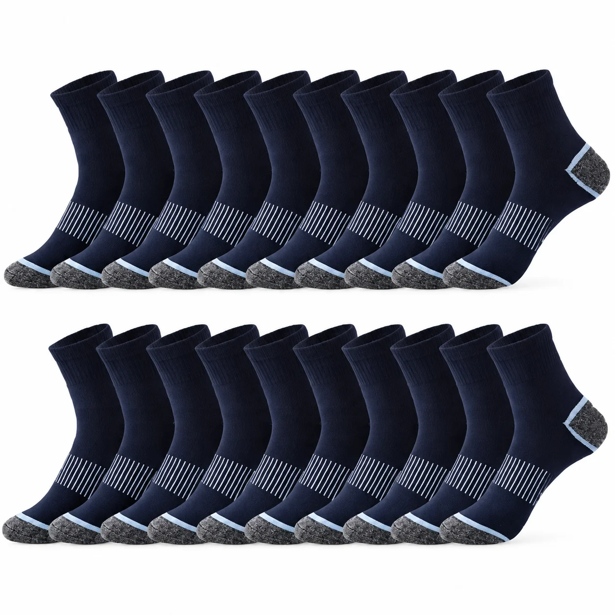 High Ribbed Blue Crew Socks 20 Pairs Pack Family Daily Replacement Breathable Cotton Socks Elastic Rib Top Soft Comfortable Athletic Casual Dress Socks For Men Women Running Walking Sports Home Care Tool Kit Set Plus Pro Safe Fast Easy Life Best Clean