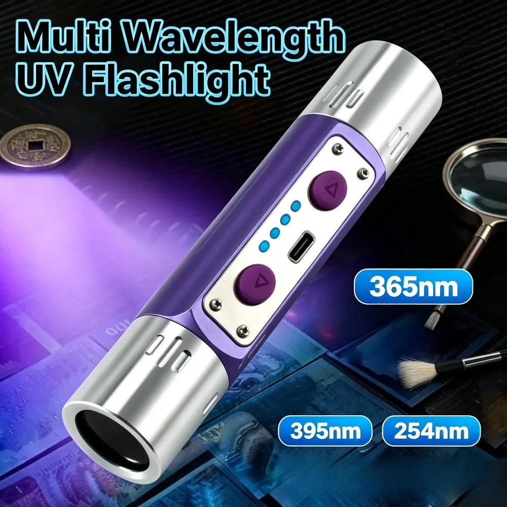 UV Detector Flashlight Multi Wavelength Blacklight UVA UVC Longwave Shortwave UV Torch for Mineral Phosphor Testing Work