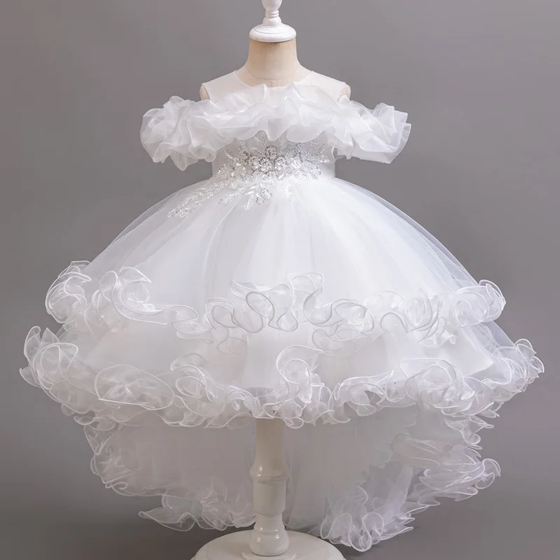 New Soft Gauze Decal Sleeveless Solid Color Trailing Fluffy Skirt for Girls Wedding Flower Girl New Year's Sweet and Cute Dress