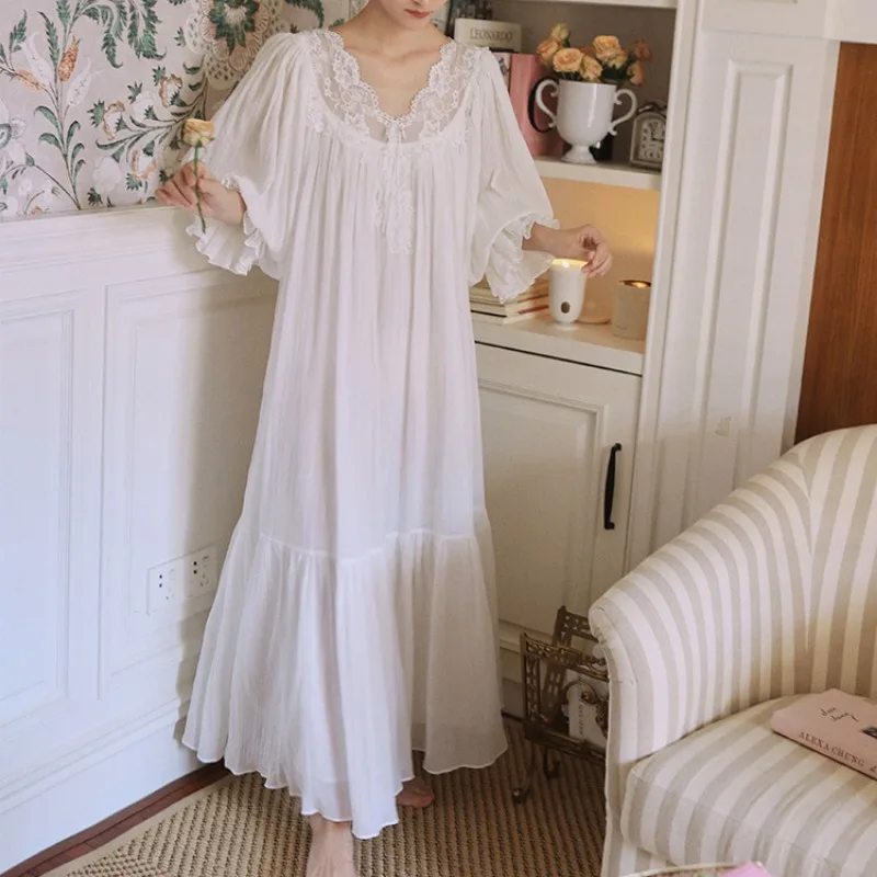 100% Cotton Night Dress Women Fairy Sleepwear Court Style Long Dressing Gown Robe Romantic White Lace Nightdress Loose Nightwear