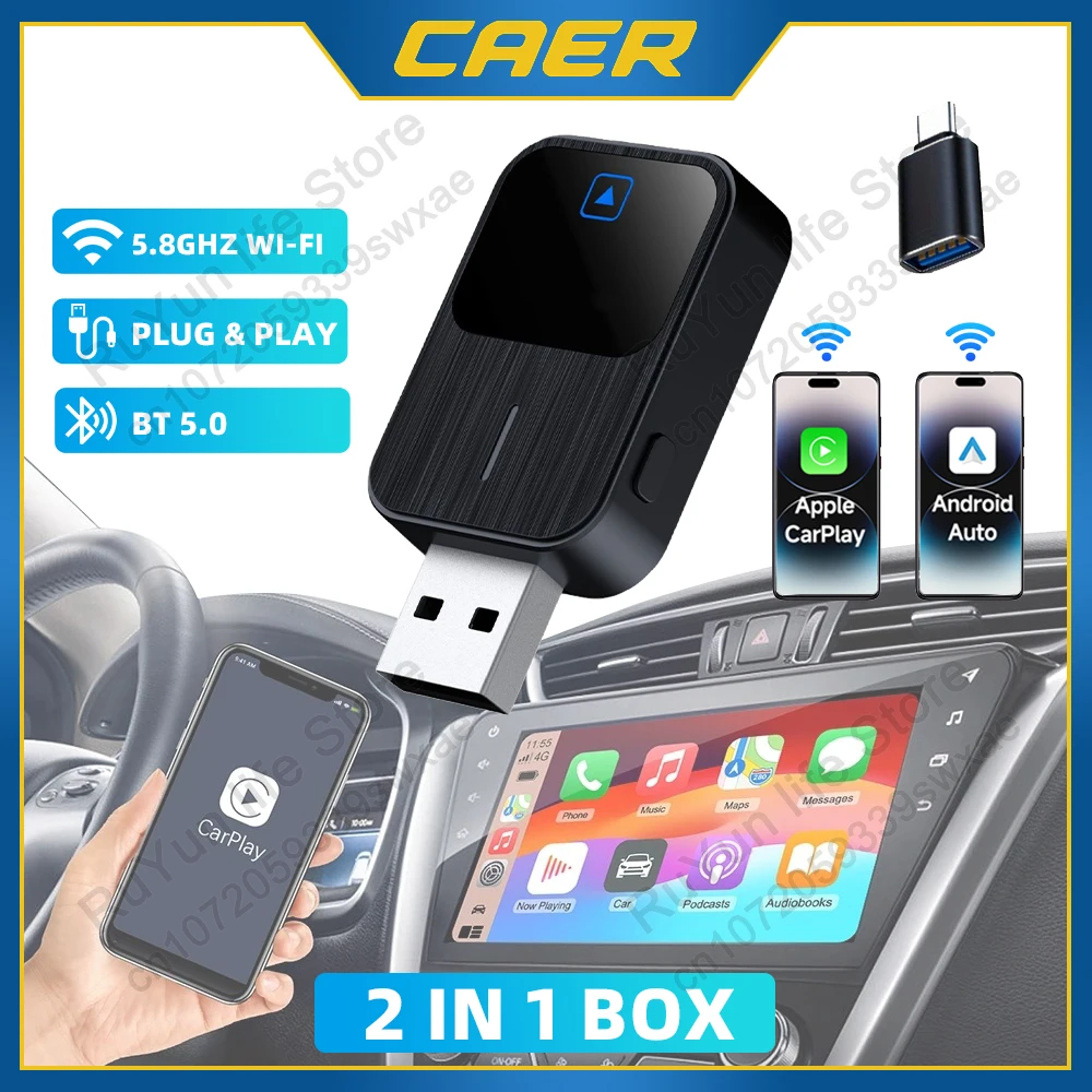 Wireless 2 in 1 CarPlay Adapter WiFi BT Automatic Connect Wired to Wireless Android Auto Dongle Plug&Play Smart Box for iPhone