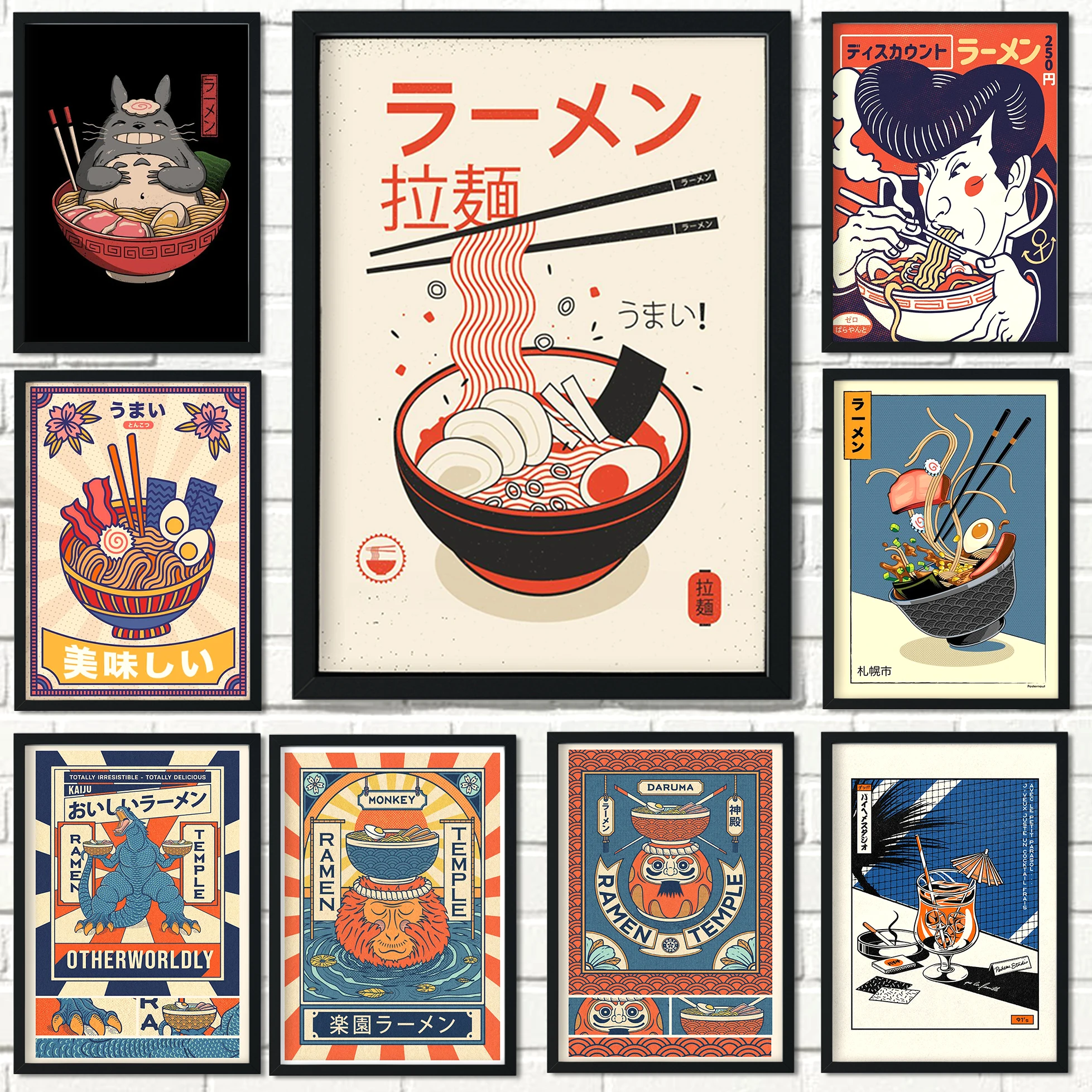 Póster de arte de Ramen japonés, ilustrador Vintage, pintura de Sushi de Ramen Animal, decoración artística de pared, decoración de habitación Kawaii, póster en lienzo