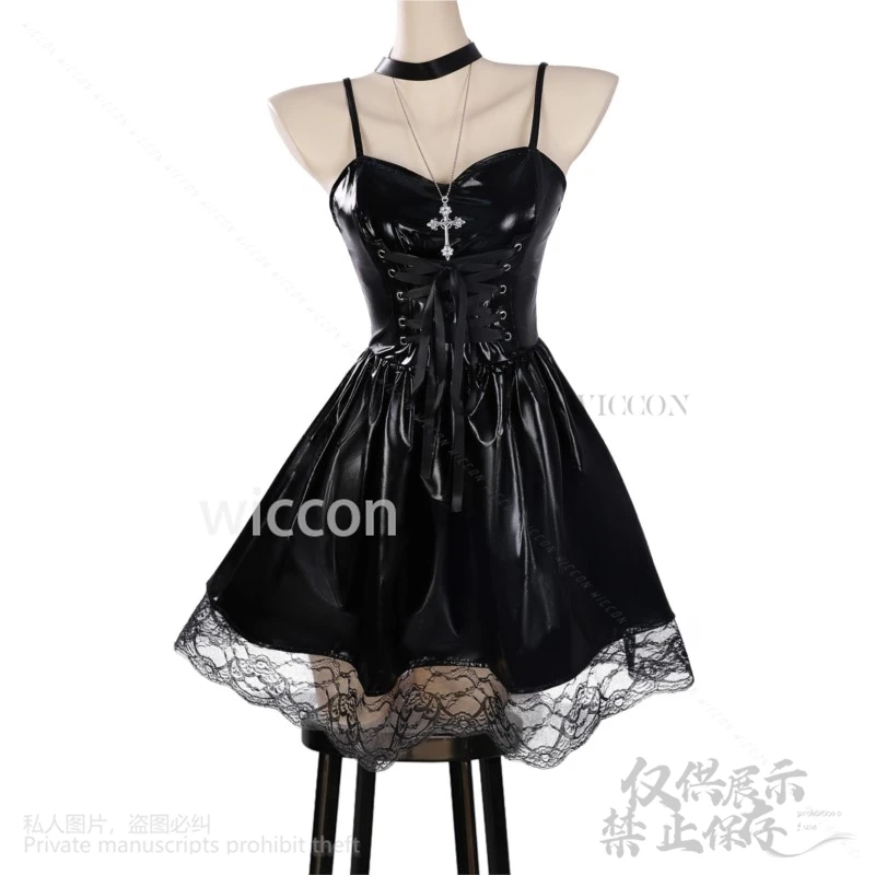 Jirai Kei สาว MisaMisa คอสเพลย์อะนิเมะเครื่องแต่งกายหนัง PU ชุดวงเล็บกระโปรงเซ็กซี่ Gothic Black Lolita ลูกไม้ที่กําหนดเอง