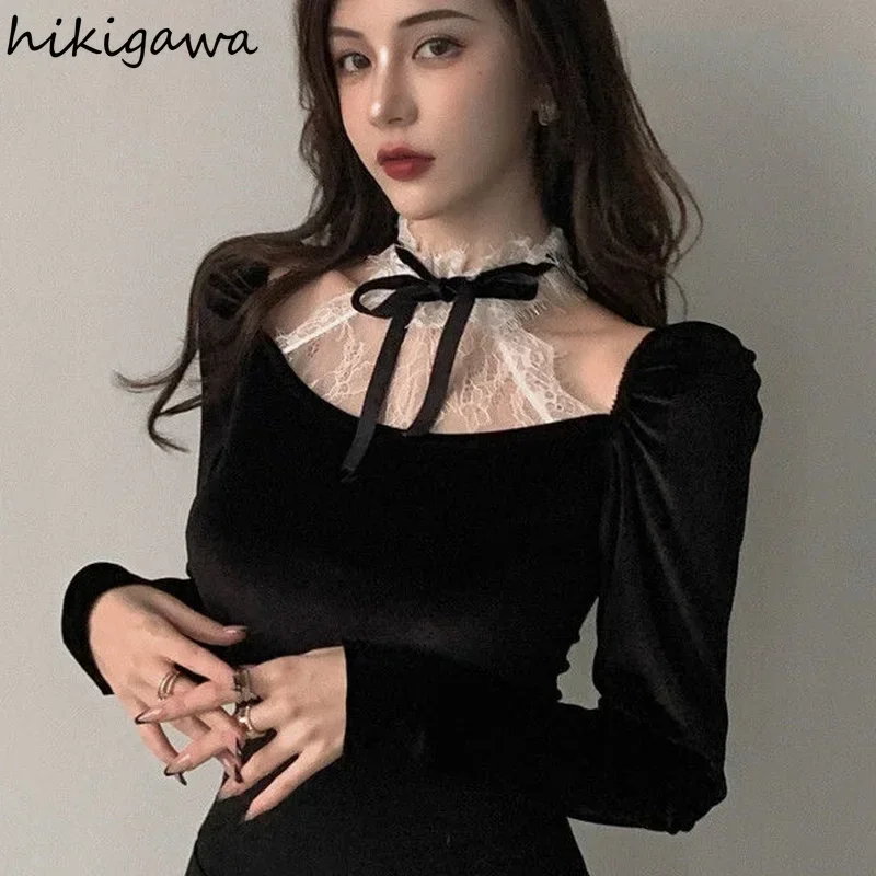 Vintage Blouses Women Elegant Blusas Square Collar Shirts Patchwork Lace Velvet Shirt Korean Blouse Fashion Y2k Clothes Tops