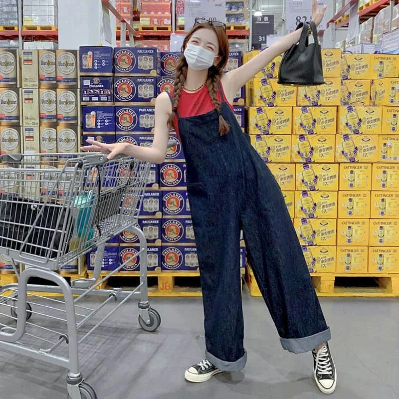 

Denim Jumpsuits Casual Oversized Pants Korean Lace-up Jeans One Piece Outfits Women Clothing Loose Vintage Blue Rompers XT1610