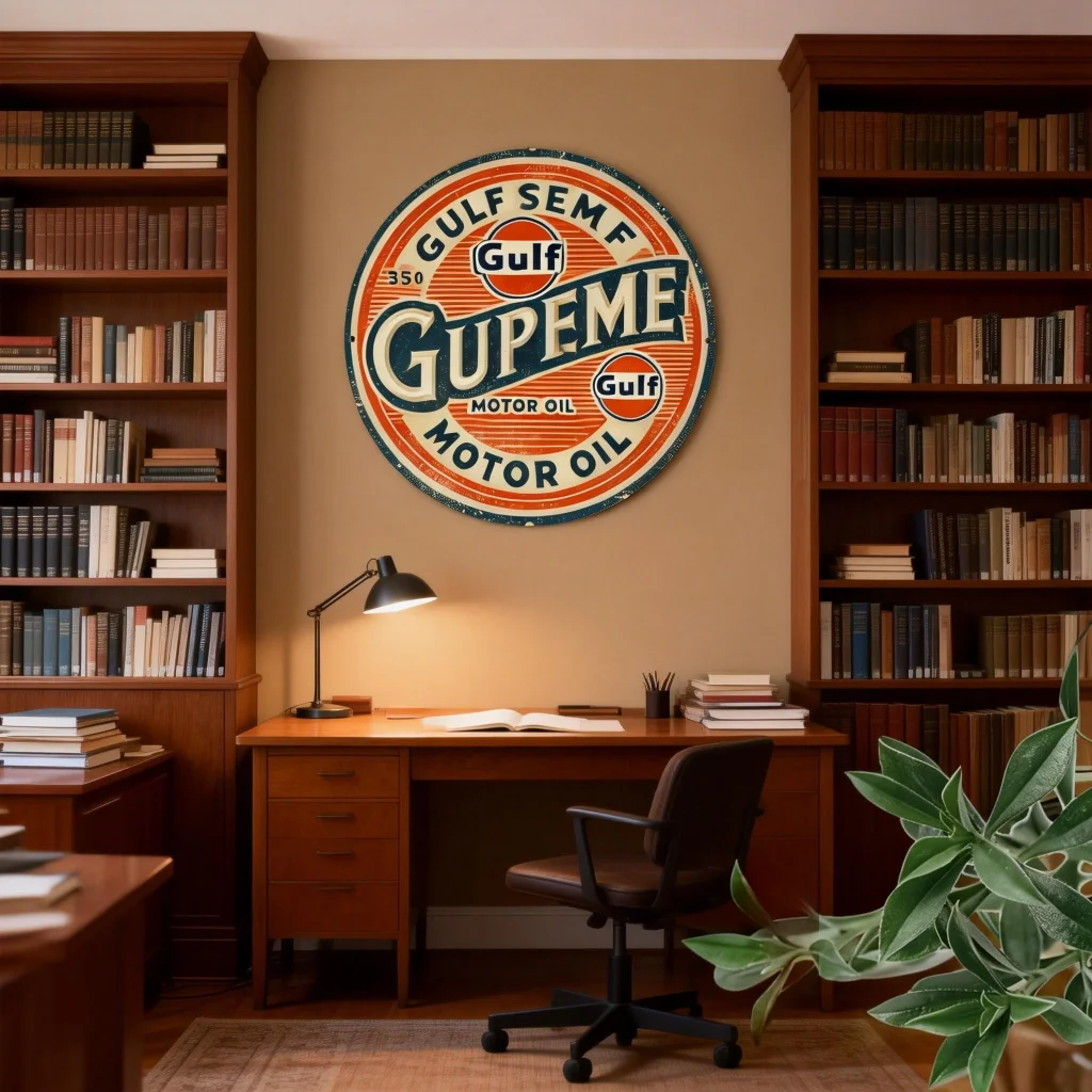 

Gulf Oil Retro Metal Circular Aluminum Painting (19.81cm) - Decor for Bedroom Living Room Family Dining Room Bar