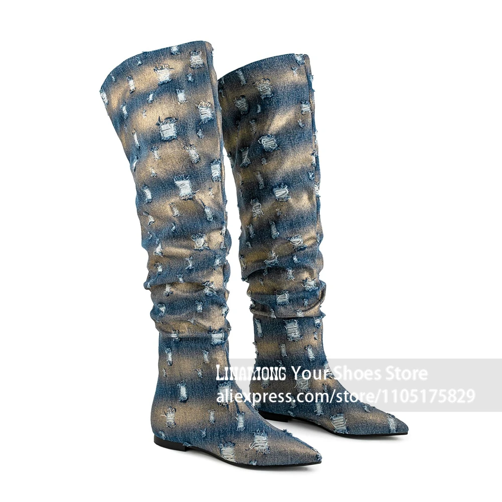Distressed Denim Ripped Slouchy Over The Knee Flat Boots Vintage Washed Gradient Denim Pointed Toe Ruched Thigh High Women Boots