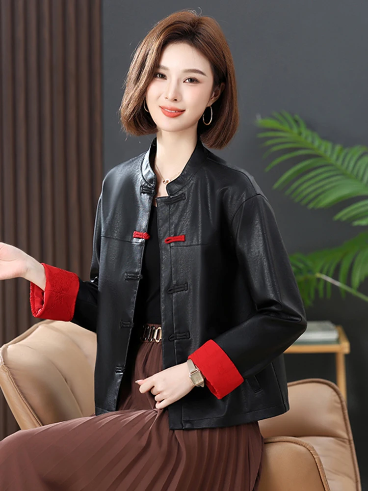  Ning Genuine Leather Jaet Women's ort Sle 2025 Spring Autumn New Chinese Sle National Sle Button Slimming Lea...