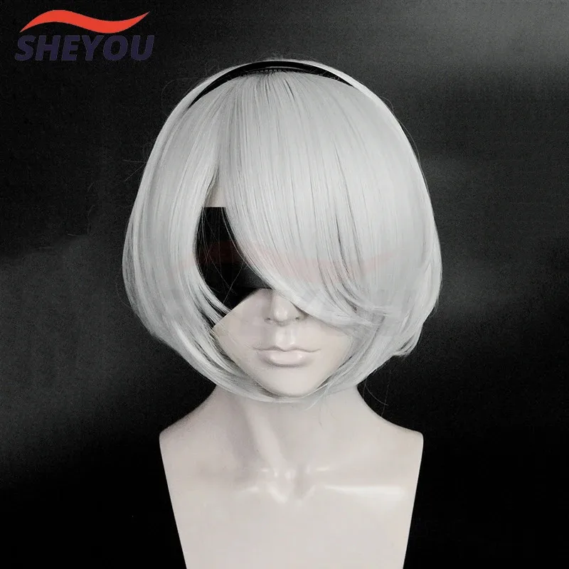 NieR:Automata 2B YoRHa No. 2 Type B Heroine Short Silver White Bobo Heat Resistant Cosplay Costume Wig (not include eye patch)