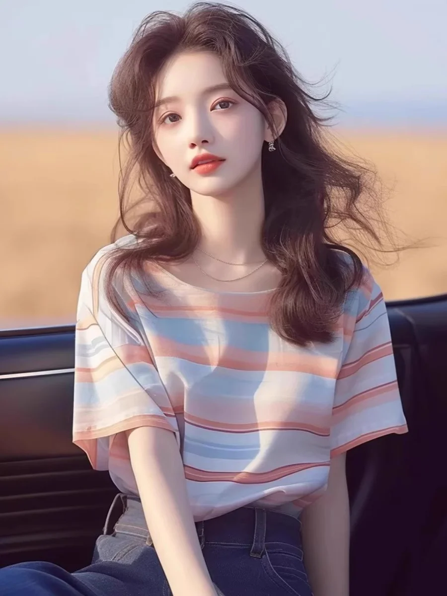 T-shirt Estiva Chic da Donna, Vestibilità Ampia, a Righe, con Scollo Rotondo, Casual e Unica per Signore