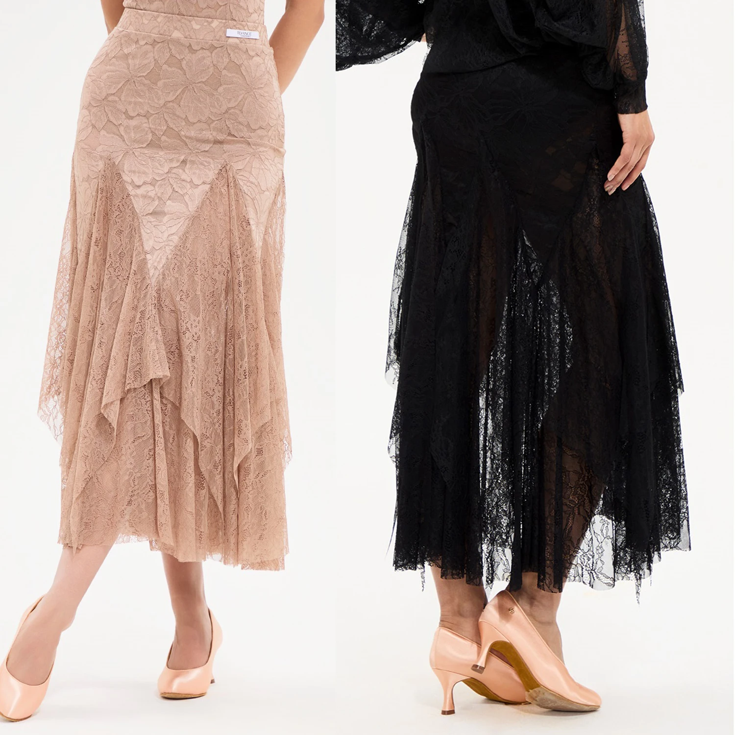 

Professional Ballroom Dance Skirt Women Flowing Lace Khaki Black Latin Skirt Waltz Practice Clothing Performance Wear DNV22690