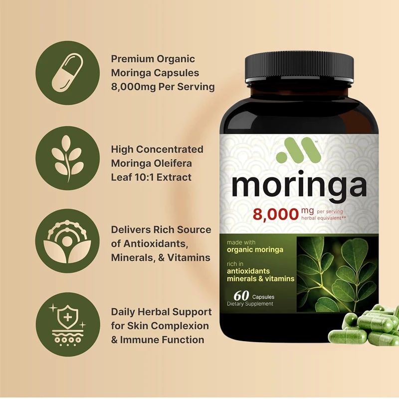 60 Moringa-Kapseln, Bio aus Moringa-Pulver | grünes Super food, Haut gesundheit und Immun unterstützung | Nicht GVO, gluten frei