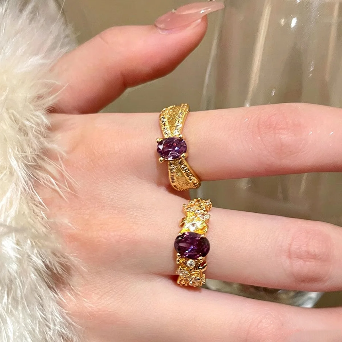 Luxurious Unique Ancient Method Purple Quartz Ring for Women Vintage Style Pigeon's Egg Shape Open Versatile Fashion Accessory