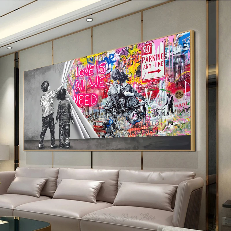 Lift The Curtain LOVE IS ALL WE NEED Graffiti Art Canvas Painting Street Art Pop Poster Picture Print for Living Room Home Decor
