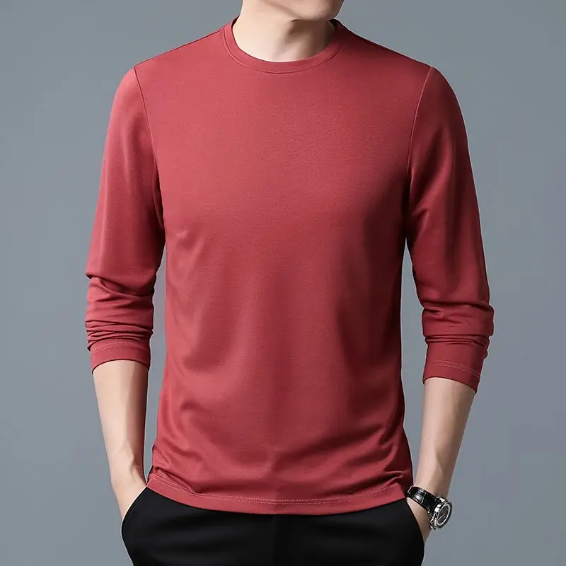 Men\'s Long Sleeve T-Shirt Fashiona Solid Color Autumn Plus Size Tops for Comfortable Silk Wearing Basic shirt Soft Top