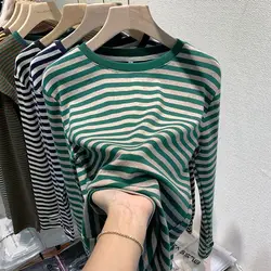 Spring Autumn Women's Fashion Simple Casual Striped Print Cotton All Match T-shirts Female O Neck Long Sleeve Loose Basic Tops