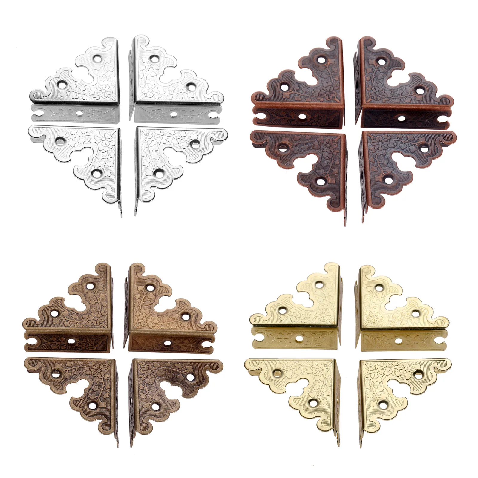 DRELD 4pcs Antique Iron Triangle Corner Wooden Box Corners Furniture Protector Decor Print Pattern Carved Protectors 34mm