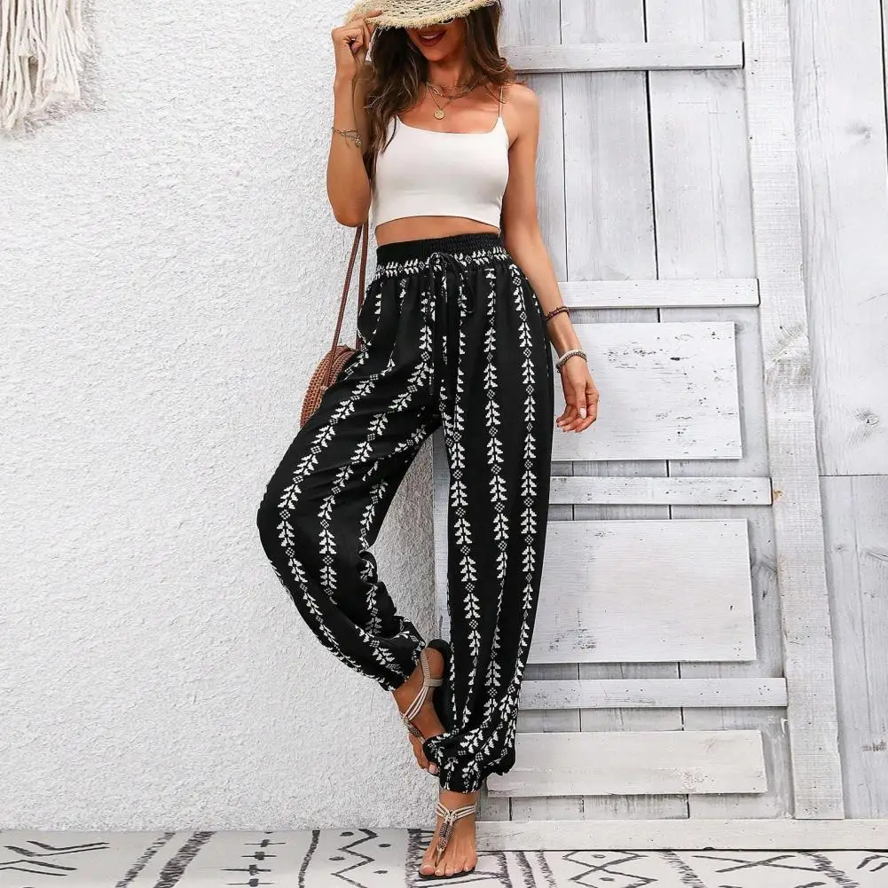 Casual Trousers Fashionable Women's Bloomers Elastic Waist Wide Leg Pants with Adjustable Drawstring Side Pockets Side Pocket