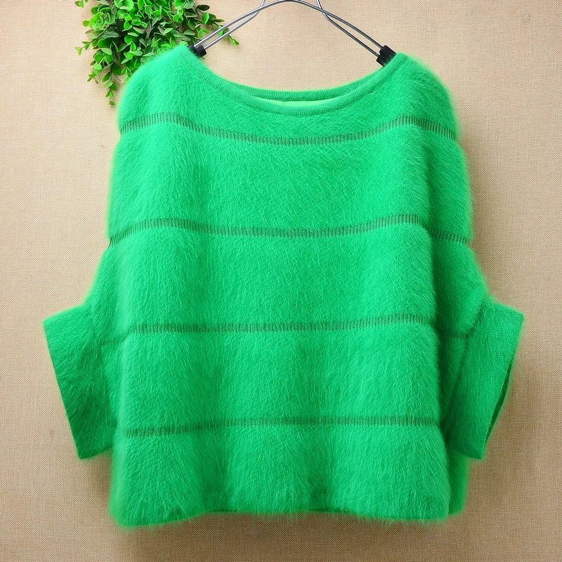 Ladies Women Spring Autumn Cute Hairy Angora Rabbit Hair Knitted Short Sleeves O-Neck Loose Pullover Mink Fur Sweater Jumper Top