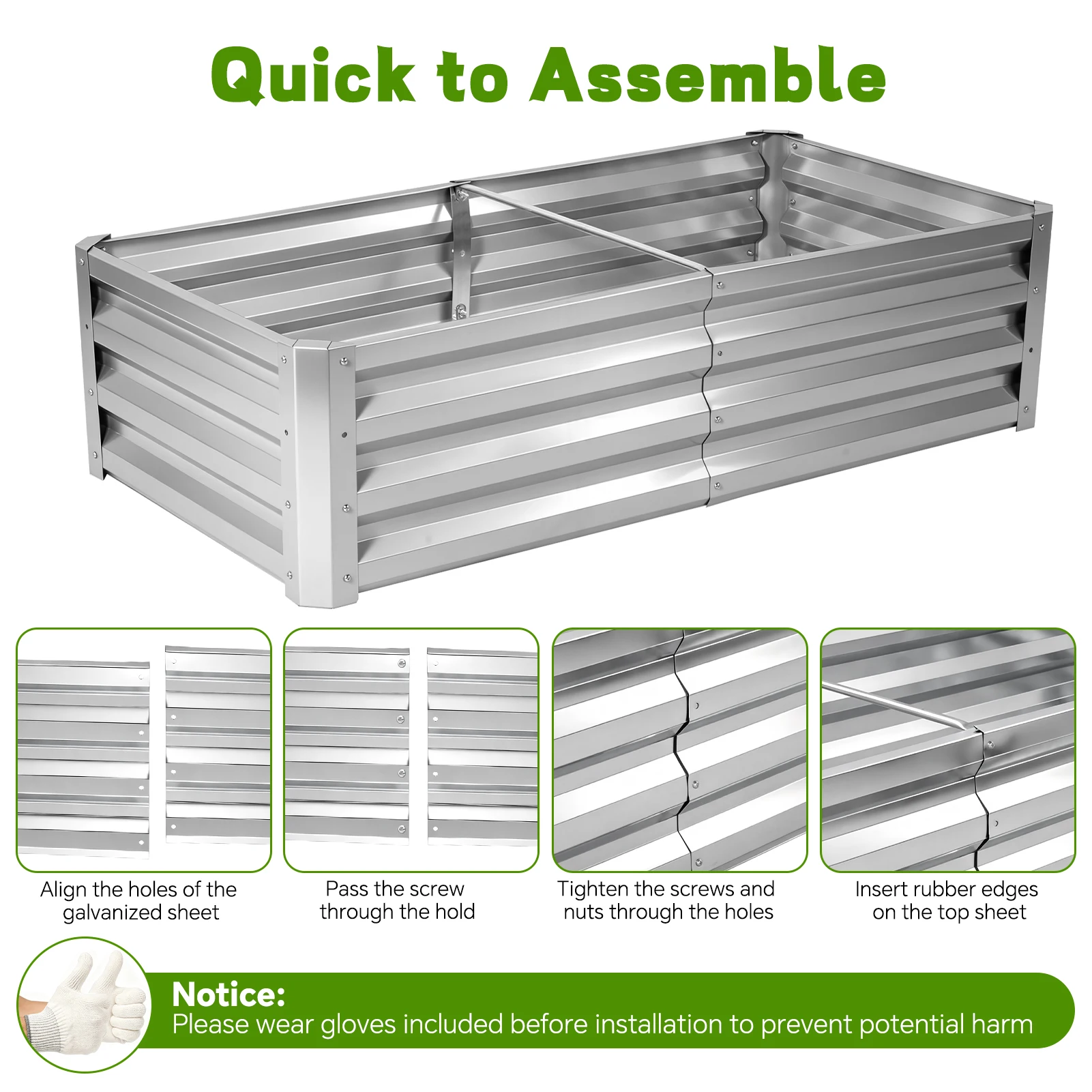 4×2×1ft Galvanized Metal Raised Garden Bed, 2FT Deep Root Elevated Planter Box Steel Large Vegetable Flower Bed Kit Light Green Silver