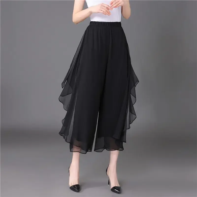 Pantalon Capri taille haute élastique pour femmes, vêtements d'été, ample, à la mode, couleur unie, épissé, en mousseline de soie, jambes larges, nouvelle collection 2025