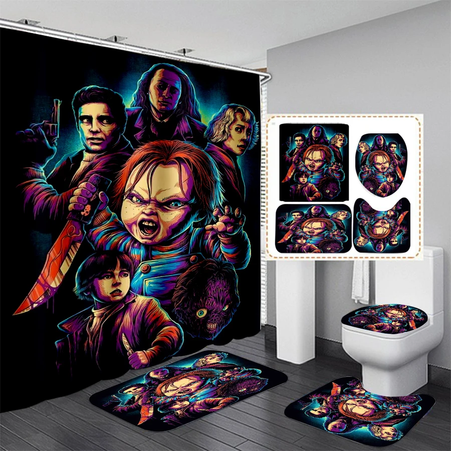 phechion Horrific Chucky 3D Print Waterproof Bathroom Shower Curtain Toilet Cover Mat Non-Slip Floor Mat (1/3/4Pcs) W25