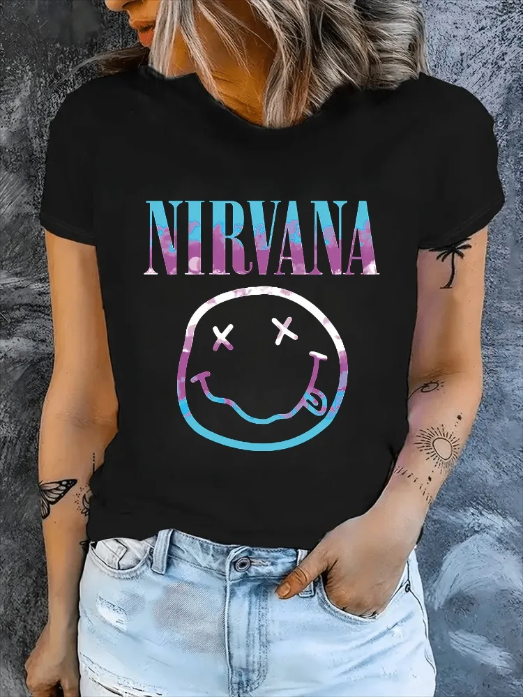 

Women's Short-sleeved T-shirt with Logo and Cheerful Face Pattern Print Casual Sports Round Neck Top Four Seasons Retro Style