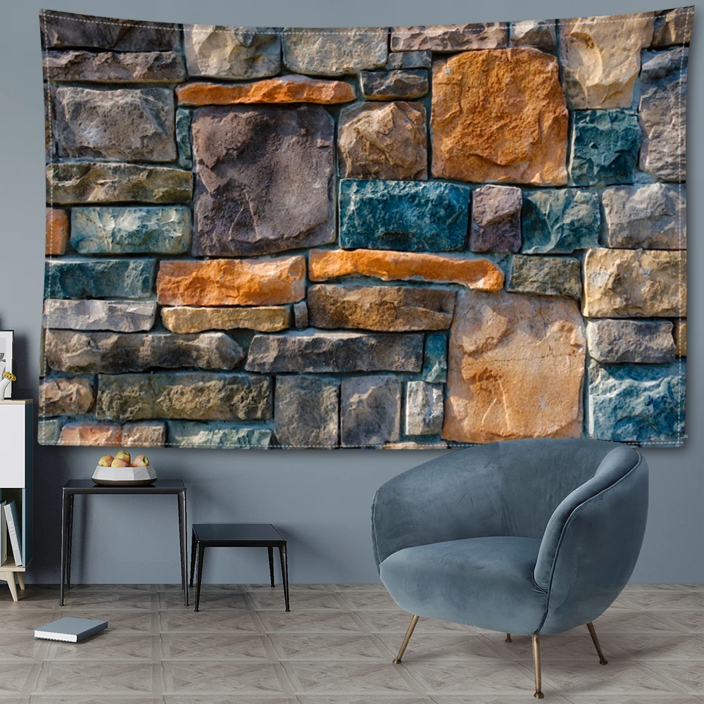 Colorful stone wall printed tapestry, retro vintage style room bedroom study living room wall hanging art wall decoration