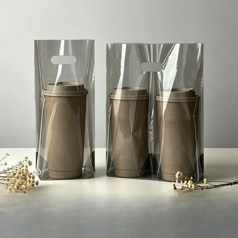 Milk Tea Packaging Bag Coffee Shop Takeaway Bag Beverage Bags Disposable Plastic Tote Bag Single Cup Gift Packaging 100pcs