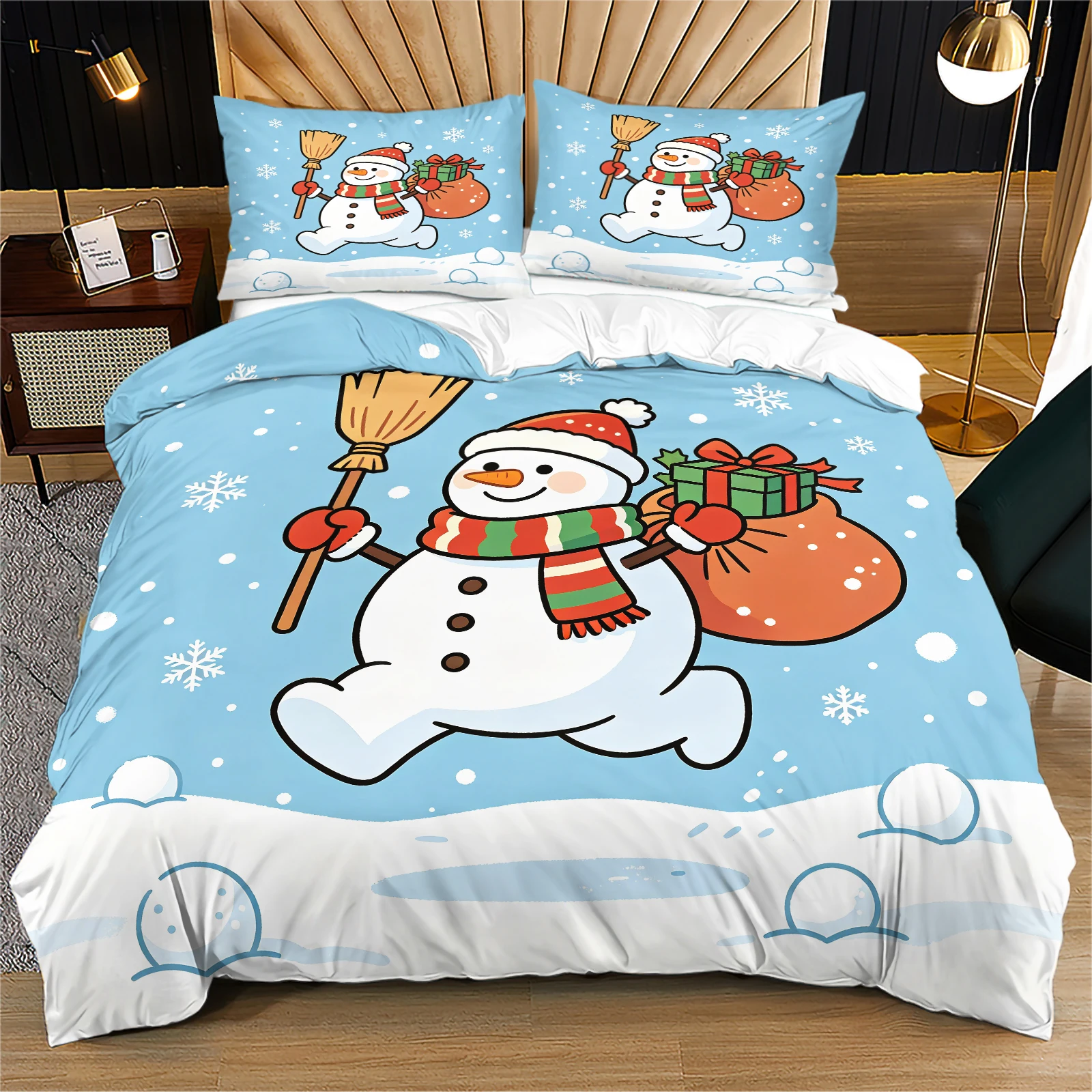 Lovely Winter Holiday Duvet Cover Set Cartoon Snowman With Santa Hat Holding Broom & Present Sack In Snowy Landscape Design