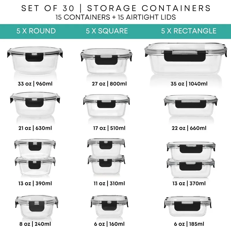 30 PC Glass Food Storage Containers with Lids - Reusable Glass Meal Prep Containers for Lunch and Leftovers - Airtight